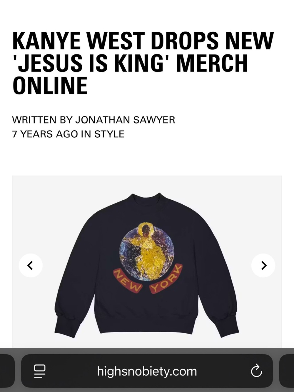 Yeezy Kanye JESUS IS KINGNavyish/Black Sweatshirt with Yellow Graphic "New York"